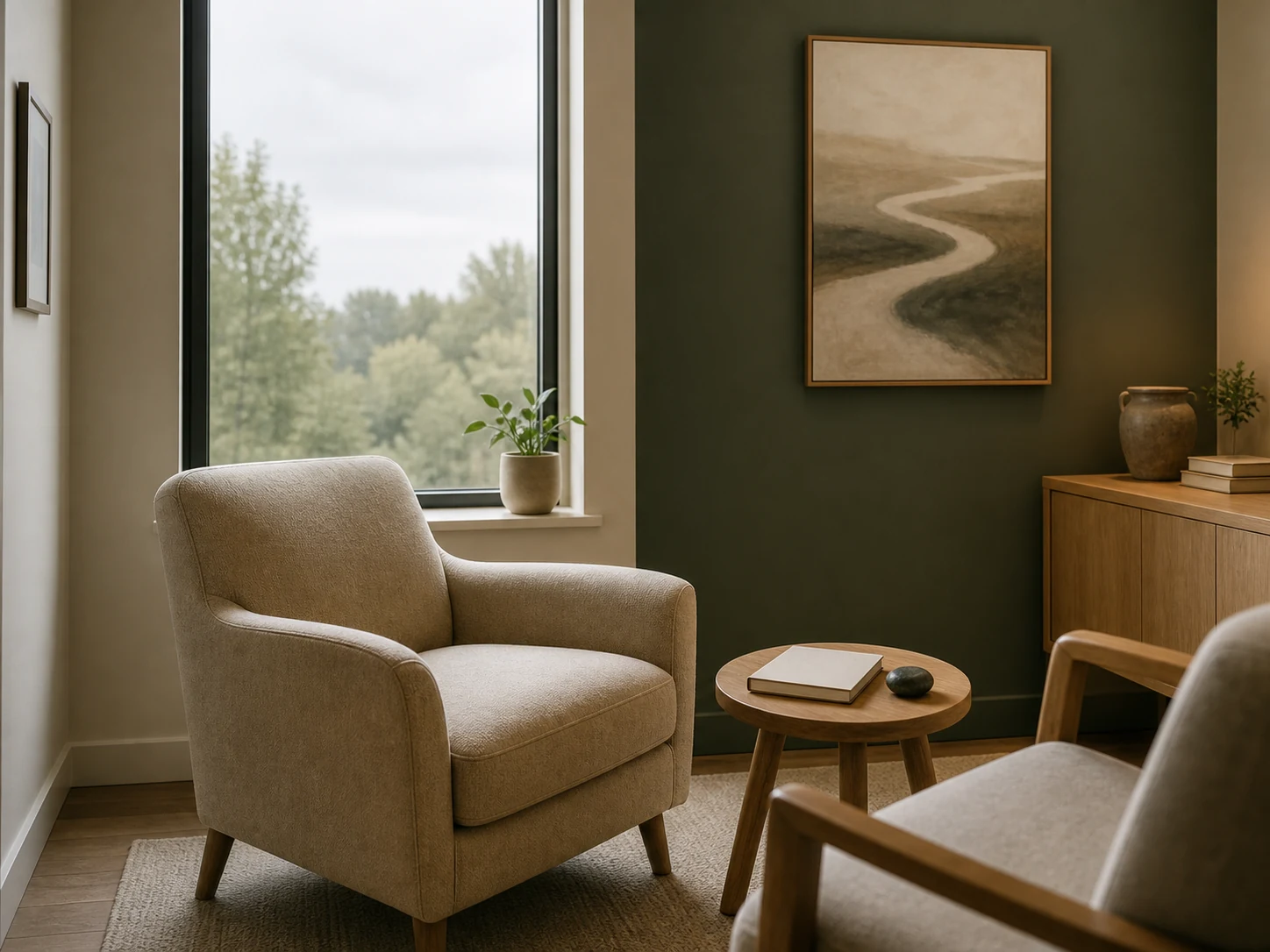 A warm individual counseling room with forest green and natural wood tones
